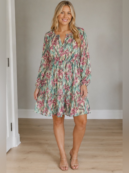 Dresses & Skirts - Gilli Floral Blouson Sleeve Tiered Mini Dress Green Pink Size L